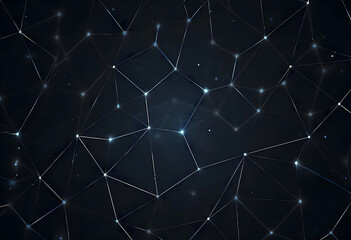 Abstract geometric network on dark blue background, illustrating the concept of network line connections and data connections. Blue lines connected with dots illustrate the network structure.