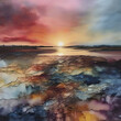 Sunset at the mouth of the river. Alcohol ink technique