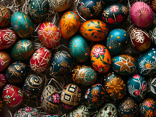 Wall Mural - Easter eggs painted in different colors and patterns on a wodden background