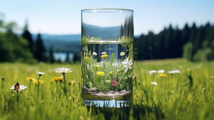 Wall Mural - A meadow view inside a glass of water  - Generative AI