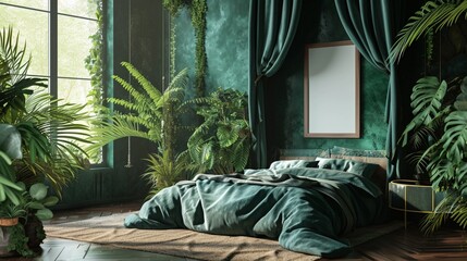 Wall Mural - Tropical rainforest bedroom with a jungle canopy bed, lush greenery art, and a blank mockup frame on a parrot green wall