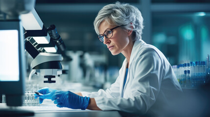 Poster - Focused scientist using a pipette in a laboratory setting with a microscope and test tubes visible, indicating research or experimentation.