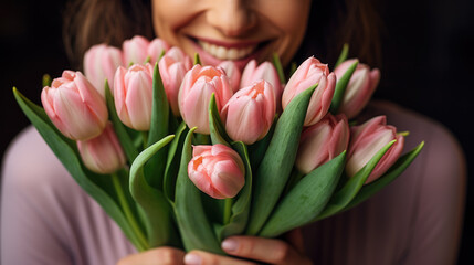 Sticker - Woman is holding a bouquet of pink and white tulips