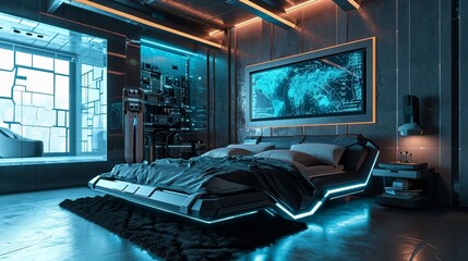 Wall Mural - : A minimalist bedroom with a high-tech theme, featuring a black bed with integrated technology, smart black furniture, and a blank frame against a wall with a futuristic tech mural