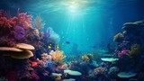 Fototapeta Do akwarium - A mesmerizing underwater scene with colorful marine life and coral reefs, providing a corner space for text overlay in the aquatic environment - Generative AI