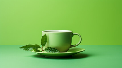 Wall Mural - cup of green tea and leaves on green background