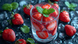 An artistic arrangement of strawberries and mint leaves in a glass of sparkling water, capturing the refreshing essence of a strawberry-infused beverage in a visually elegant prese