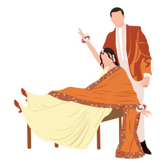 Sticker - vector cute indian couple cartoon in traditional dress posing for wedding invitation card design