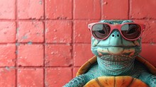  A Close Up Of A Statue Of A Turtle With Sunglasses On It's Head And A Brick Wall In The Background.