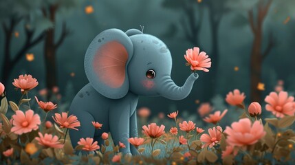 Wall Mural -  a baby elephant holding a pink flower in its trunk in the middle of a field of flowers with trees in the background.