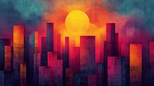 Abstract Cityscape With Vibrant Sunset. Artistic Skyline With Textured Brushstrokes For Background Use.