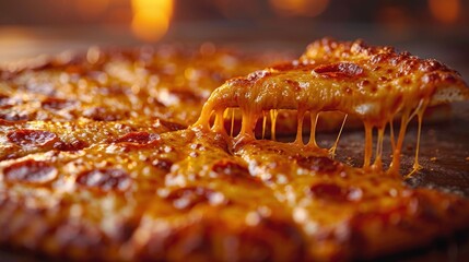 Wall Mural -  a close up of a slice of pizza being lifted from a pizza pan with cheese and pepperoni on it.