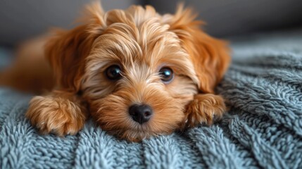 Canvas Print -  a close up of a dog laying on a blanket with it's head resting on its paws on top of a blanket.