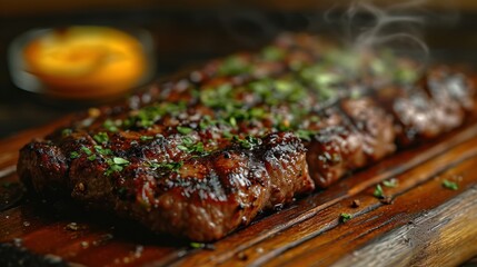 Wall Mural -  a close up of a piece of meat on a wooden cutting board with a bowl of sauce in the background.