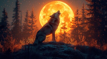 Canvas Print -  a wolf standing on a hill in front of a full moon with trees in the foreground and snow on the ground.