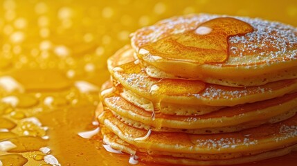 Poster -  a stack of pancakes sitting on top of a table covered in powdered sugar on top of a yellow table cloth.