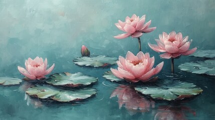 Sticker -  a painting of pink water lilies in a pond with lily pads in the foreground and a blue sky in the background.