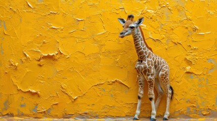 Canvas Print -  a giraffe standing in front of a yellow wall with paint peeling off of it's walls and a baby giraffe standing next to it.