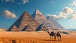  two camels stand in front of the pyramids of giza, egypt, in front of a blue sky with clouds.