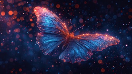 Wall Mural -  a close up of a blue butterfly on a black background with a blurry boke of light around it.
