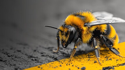 Poster -  a close up of a yellow and black bee on a yellow and black striped piece of yellow and black paper.