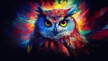 Looping Beautiful Colorful Owl Illustration On A Black Background