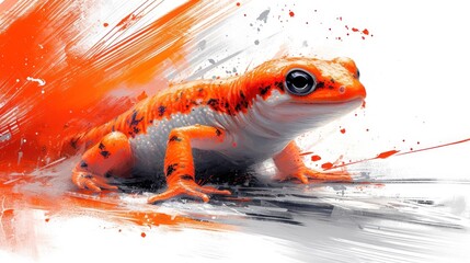 Wall Mural -  a painting of an orange and white frog sitting on the ground with a splash of paint on it's body.