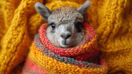 Poster -  a close up of a llama wrapped in a blanket with it's head sticking out of it's mouth.