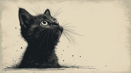 Poster -  a drawing of a black cat looking up at something in the air with it's head in the air.