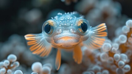 Sticker -  a close up of a blue and yellow fish in a sea anemone with bubbles on the bottom of it.