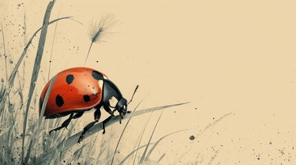 Poster -  a painting of a ladybug sitting on top of a grass covered field with tall grass in the background.