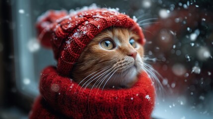 Poster -  an orange and white cat wearing a red scarf and a red knitted hat while looking out of a window.