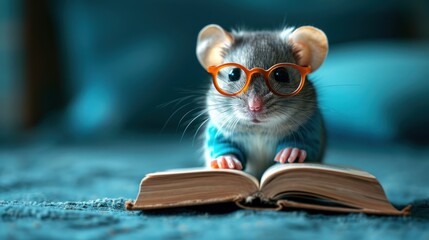 Wall Mural -  a small mouse wearing glasses sitting on top of an open book on a carpeted floor with a blue background.