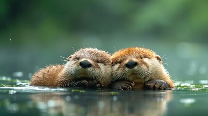 Wall Mural -  a couple of otters laying on top of a body of water with their heads on each other's backs.