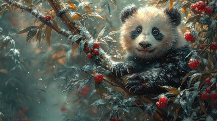 Canvas Print -  a painting of a panda bear sitting on a branch of a tree with red berries on it's branches.