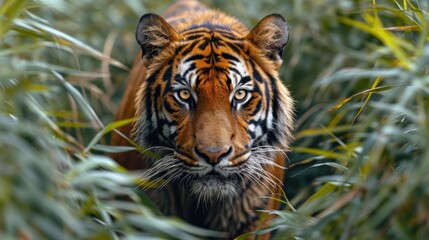 Sticker -  a close up of a tiger in a field of tall grass with a blurry image of it's face.