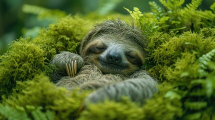 Wall Mural -  a close up of a small sloth sleeping in a bed of green mossy plants with its eyes closed.