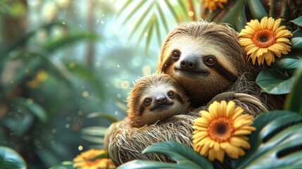 Wall Mural -  a couple of sloths hanging from a tree with sunflowers in front of them on a sunny day.