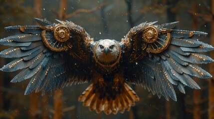 Poster -  a close up of a bird of prey flying through the air with it's wings spread out and it's eyes open.