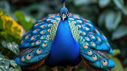 Sticker -  a close up of a peacock sitting on top of a lush green leaf filled field with lots of green leaves.