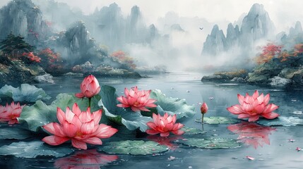 Poster -  a painting of water lilies floating on top of a body of water with mountains in the background and fog in the air.