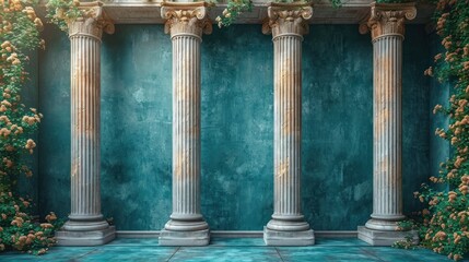 Poster -  a painting of three pillars in front of a blue wall with ivy growing on the sides of each of them.