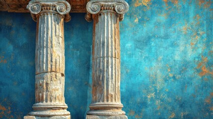 Poster -  two stone pillars against a blue wall in front of a blue wall with peeling paint on the walls and peeling paint on the walls.