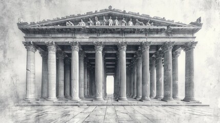 Sticker -  a black and white photo of a building with columns and people standing on the top of the building and on the bottom of the building.