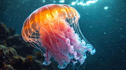 Poster -  a close up of a jellyfish in a body of water with a light shining on it's head.