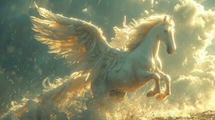 Sticker -  a white horse is galloping through a body of water with its wings spread out in the air as the sun shines through the clouds.