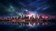 A nighttime view of a city skyline with glittering lights against the dark sky, highlighting the urban beauty under the stars - Generative AI