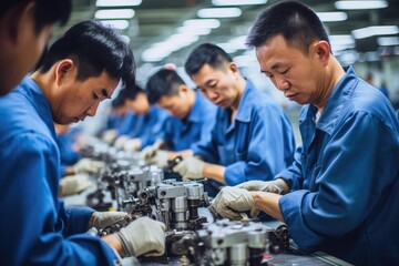 Poster - A group of men can be seen working on various machinery in a bustling factory, Group of workers at small parts manufacturing factory in China, AI Generated