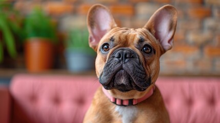 Wall Mural -  a brown and white dog sitting on top of a pink couch next to a potted plant and a brick wall.