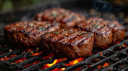 Canvas Print -  steaks cooking on a grill being cooked on a grill with flames coming out of the bottom of the grill.